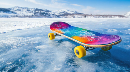 A vibrant skateboard rests on a frozen lake, surrounded by a stunning winter landscape featuring snow-capped mountains and a clear blue sky, ideal for adventure themes.の素材