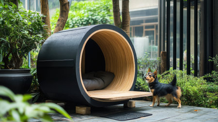 A stylish pet shelter made of black and wood, situated in a lush garden. A cheerful dog stands close by, showcasing a harmonious blend of design and nature.の素材