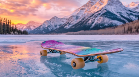 A colorful skateboard rests on a frozen lake, set against a breathtaking sunset and prominent mountains, blending urban leisure with stunning natural beauty.の素材