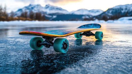 A vibrant skateboard rests on a frozen lake, surrounded by stunning mountains at sunset, capturing the essence of winter adventure and outdoor leisure activities.の素材