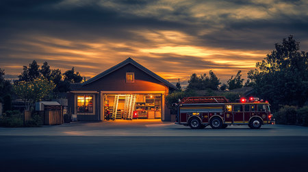 A vintage fire truck parked outside a fire station under a stunning sunset sky creates a serene and picturesque scene in a tranquil neighborhood setting.の素材