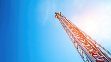 A tall fire ladder stretches towards the bright blue sky, showcasing modern emergency services equipment, emphasizing safety and rescue readiness in urban environments.の素材