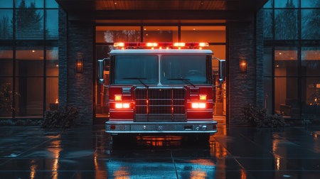 A striking image of a fire truck with flashing lights parked outside a modern glass building at night, creating a dramatic atmosphere with reflections on wet pavement.の素材