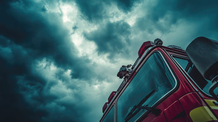 A close-up view of a fire truck with illuminated emergency lights set against a dramatic sky filled with dark, swirling clouds, capturing the essence of urgency and readiness.の素材