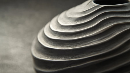 A stunning close-up of a textured ceramic vase, featuring flowing lines and an elegant design. The soft shadows create a serene and artistic atmosphere, perfect for home decor inspiration.の素材