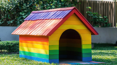 Brightly colored rainbow dog house in a lush green lawn, offering a cozy and playful outdoor shelter for pets, enhancing any garden with its vibrant charm.の素材