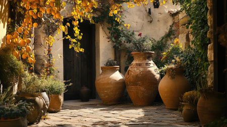 A charming courtyard featuring large clay pots, surrounded by lush greenery and vibrant autumn leaves, creating a serene and inviting Mediterranean atmosphere.の素材