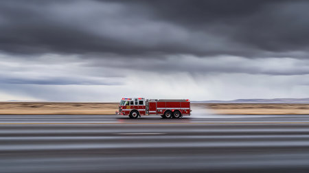 A vibrant red fire truck drives fast across a wide desert road under ominous dark clouds, showcasing emergency response in dramatic weather conditions.の素材
