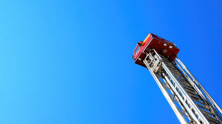 A high angle view captures a firefighter operating a fire truck ladder against a clear blue sky, emphasizing emergency response actions and safety measures in bright sunlight.の素材