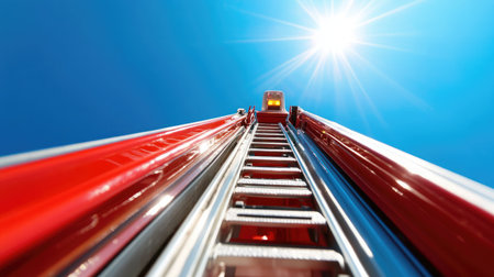 A striking upward view of a bright red fire truck ladder extending high into the clear blue sky, illuminated by brilliant sunlight, capturing the essence of emergency response and public safety.の素材