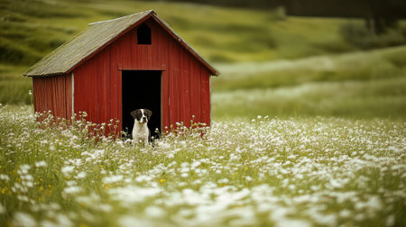 A charming dog relaxes in front of its cozy red doghouse, nestled in a vibrant wildflower meadow, reflecting tranquility and the beauty of rural life.の素材