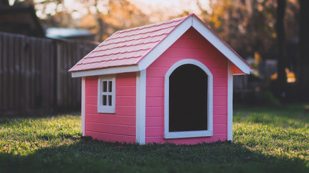 This delightful pink dog house is set against a lush green yard, creating a whimsical and inviting space for pets. Perfect for playful outdoor moments.の素材