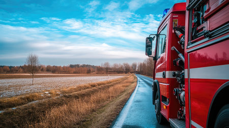 A vibrant red fire truck is parked on a slippery rural road, showcasing emergency readiness amidst a picturesque winter landscape under a clear blue sky.の素材