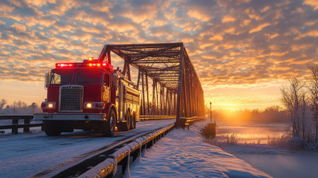A vibrant red fire truck is parked on a historic bridge, surrounded by sparkling snow and dramatic clouds during a beautiful winter sunset.の素材