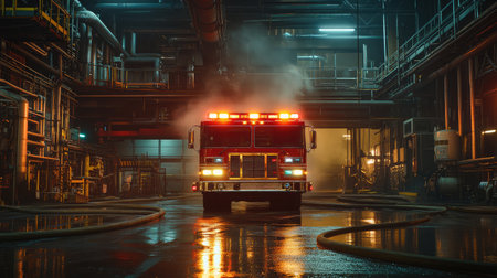 The image captures a vibrant fire truck in an industrial setting, illuminated by emergency lights, reflecting on a wet floor, symbolizing urgency in firefighting operations.の素材