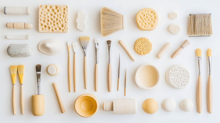 An elegant display of various beige art supplies and craft tools laid out on a pristine white surface. This arrangement inspires creativity and showcases artistic materials for numerous projects.の素材