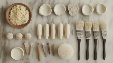 This flat lay features a stunning arrangement of artistic tools and materials on a marble surface, perfect for showcasing creativity and crafting processes.の素材