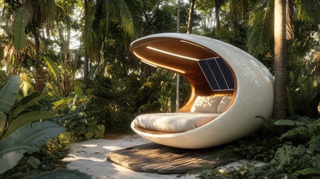 Discover a stunning eco-friendly retreat designed for relaxation in nature. This unique oval pod with solar panels offers a perfect escape amid lush tropical greenery.の素材