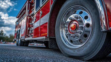 A striking close-up of a vintage fire truck wheel, featuring shiny chrome and a rugged tire on asphalt. The image captures the essence of emergency vehicles in a captivating setting.の素材