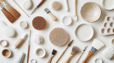 Explore a beautiful collection of artisan tools and natural materials arranged in a minimalistic style, perfect for inspiring creativity and enhancing artistic projects.の素材
