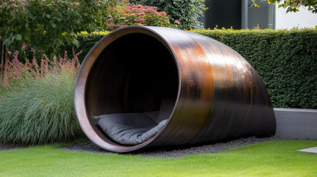 This striking outdoor lounge chair offers a unique blend of modern design and comfort, providing a perfect retreat for relaxation in a scenic garden environment.の素材