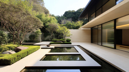 A peaceful modern Japanese garden featuring a minimalist design with tranquil water elements and lush greenery, perfect for relaxation and contemplation.の素材