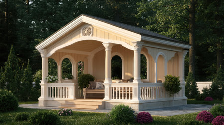 This elegant gazebo offers a serene spot for outdoor activities, featuring decorative columns, cozy seating, and beautiful landscaping that invites relaxation.の素材