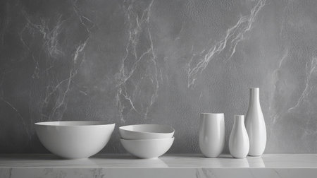 A stunning arrangement of minimalist white ceramic bowls and vases set against a textured gray wall, creating a harmonious and elegant aesthetic for modern interiors.の素材