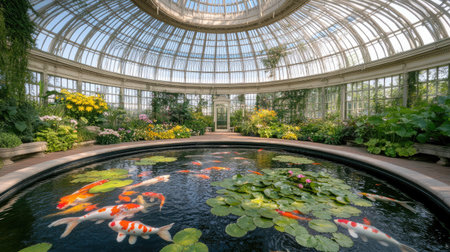 Experience a breathtaking indoor garden featuring koi fish gracefully swimming in a serene pond, surrounded by colorful flowers and tropical greenery, all inside a stunning glass conservatory.の素材