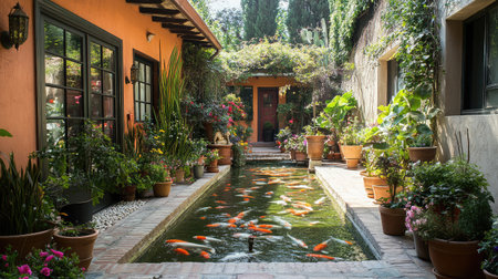 Explore a serene garden oasis featuring colorful koi fish swimming in a tranquil pool, surrounded by lush greenery and vibrant flowers, creating a picturesque and inviting outdoor space.の素材