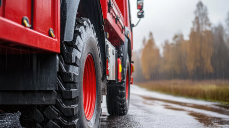A close-up view showcasing the wheel of a large red truck on a rainy road, with wet surfaces and blurred autumn trees creating a moody atmospheric scene.の素材