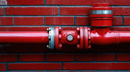 Close-up view of a red pipe system with valves and connectors mounted on a textured brick wall, ideal for industrial, plumbing, and construction projects.の素材