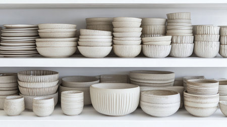 A beautiful arrangement of minimalist ceramic bowls and plates displayed on a white shelf, showcasing neutral tones and textures perfect for modern home decor and table settings.の素材