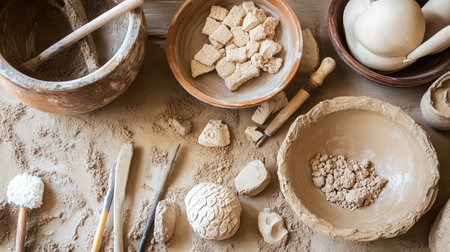 Explore a vibrant artisan workspace filled with tools, clay pieces, and natural materials. This creative environment showcases the artistic process of pottery and sculpting.の素材
