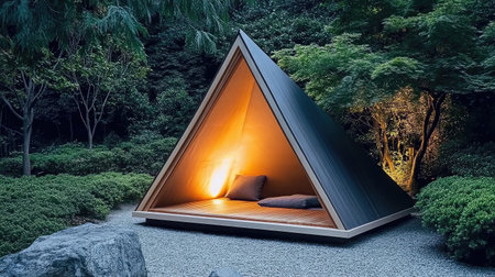 A serene A-frame shelter nestled in a lush garden, illuminated gently by warm light, providing a perfect outdoor retreat for relaxation and connection with nature.の素材