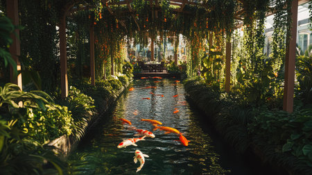 A tranquil pond filled with colorful koi fish surrounded by vibrant greenery, creating a serene atmosphere under the gentle sunlight. Perfect for nature lovers and peaceful retreats.の素材