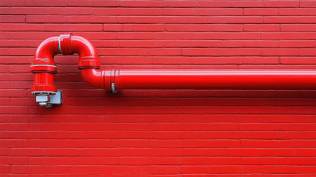 A striking image of a bright red industrial pipe featuring a smooth finish, contrasted against a textured brick wall, showcasing elements of modern design and engineering.の素材