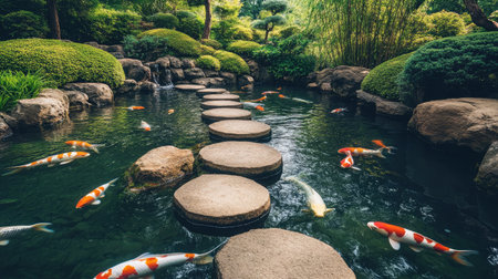 Explore a tranquil Japanese garden scene featuring a stone path over clear water, colorful koi fish, and lush greenery, perfect for relaxation and reflection.の素材