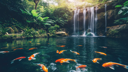 A peaceful jungle scene showcasing colorful koi fish gracefully swimming in clear waters beneath a magnificent waterfall, framed by vibrant tropical foliage and natural serenity.の素材
