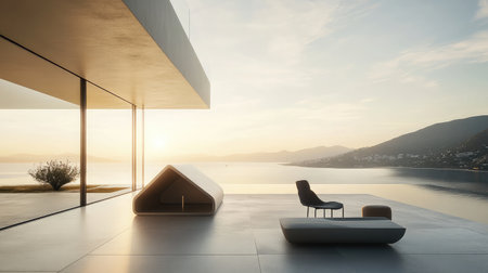 Tranquil outdoor space featuring modern furniture against a backdrop of a serene sunset over water and mountains, ideal for a peaceful retreat or relaxation.の素材