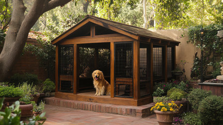 A beautiful outdoor dog kennel made of wood, featuring a golden retriever relaxing comfortably inside, surrounded by vibrant greenery and lovely flowers.の素材