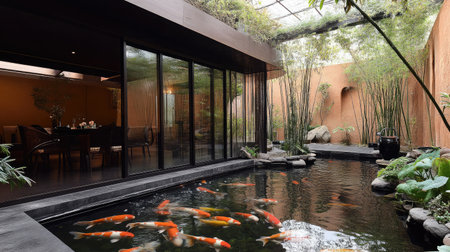 Discover a beautiful indoor pond featuring colorful koi fish, surrounded by lush greenery and modern architecture, creating a peaceful and serene atmosphere for relaxation and meditation.の素材