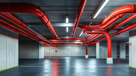 This interior shot of a modern parking garage highlights striking red pipes against concrete walls, showcasing an industrial aesthetic with a well-lit and organized space.の素材