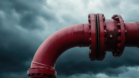 A striking image of a red steel pipe curving against a dark, stormy sky, emphasizing the robust design of industrial infrastructure and its connection to the elements.の素材