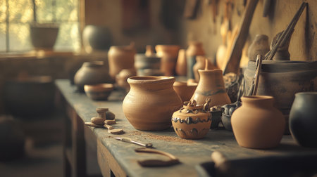 A serene image of a rustic workshop, featuring various handcrafted pottery alongside traditional tools, all bathed in soft, natural light, creating a warm and inviting atmosphere.の素材