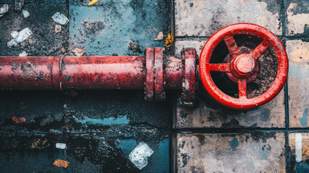 A vibrant red water valve rests on a rainy pavement, showcasing urban infrastructure. Surrounding debris and fallen leaves create a contrast, highlighting the interaction between nature and industry.の素材