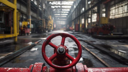 Captivating view of a red valve wheel in an expansive industrial warehouse, showcasing rich textures and light filtering through high windows in an atmospheric setting.の素材