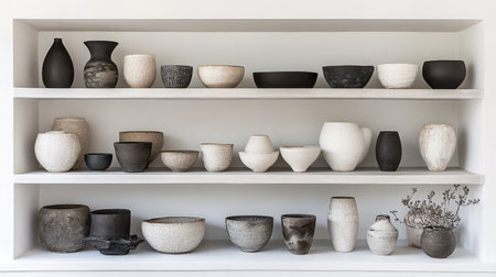 A visually striking arrangement of diverse ceramic vessels and pots in neutral colors displayed on white shelves, perfect for home decor inspiration and minimalist aesthetics.の素材