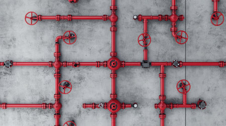 Detailed view of a red industrial pipe and valve system on a concrete floor, illustrating the complex network of plumbing and heating infrastructure for various utility applications.の素材