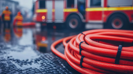 This image captures a close-up view of a coiled orange fire hose on a rain-soaked pavement, with firefighters and a fire truck in the blurred background, illustrating emergency readiness.の素材